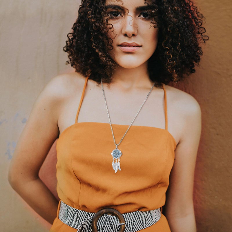 INFUSEU Dreamcatcher Necklace Aromatherapy Gifts Essential Oil Diffuser Lava Rock Stone Pendant Native American Indian Jewelry for Women Dream Catcher Feather Spiritual Meditation Items - Image 2